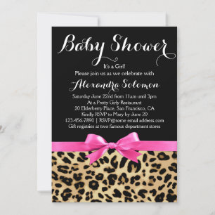 Leopard Print Shock rosa Bow Girl Baby Shower Inbjudningar