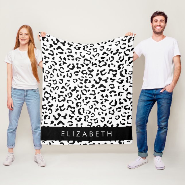 Leopard Print, Spots, Black and White, ditt namn Fleecefilt (På plats)
