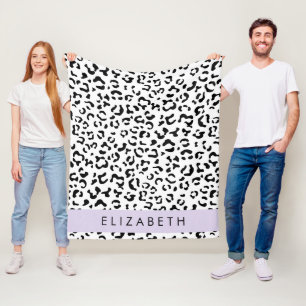 Leopard Print, Spots, Black and White, ditt namn Fleecefilt