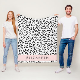 Leopard Print, Spots, Black and White, ditt namn Fleecefilt