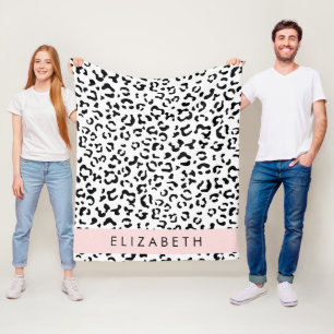 Leopard Print, Spots, Black and White, ditt namn Fleecefilt