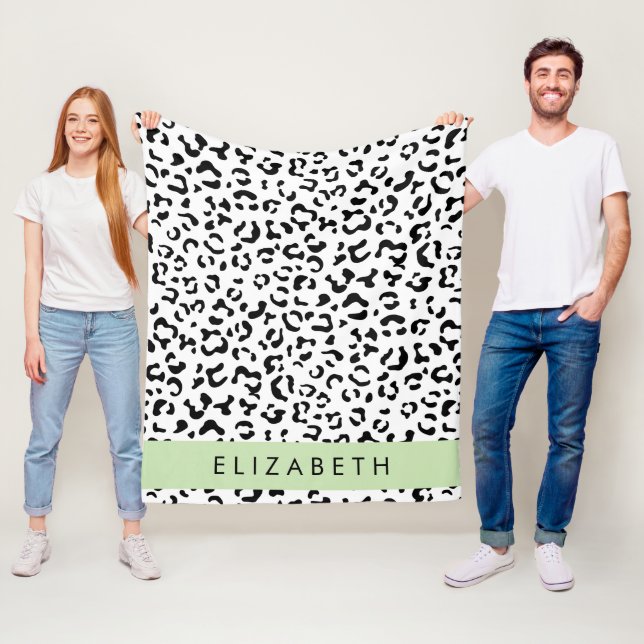Leopard Print, Spots, Black and White, ditt namn Fleecefilt (På plats)