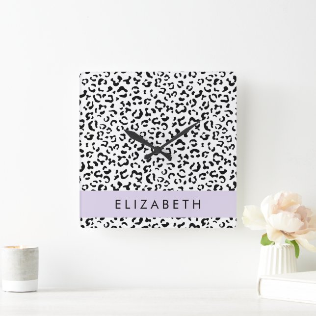 Leopard Print, Spots, Black and White, ditt namn Fyrkantig Klocka (Hem)