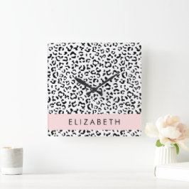 Leopard Print, Spots, Black and White, ditt namn Fyrkantig Klocka