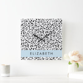 Leopard Print, Spots, Black and White, ditt namn Fyrkantig Klocka