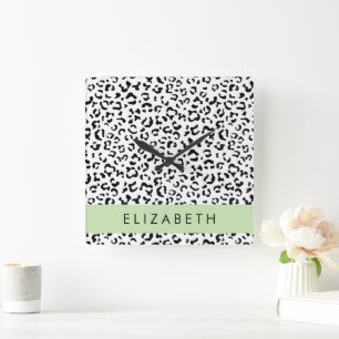 Leopard Print, Spots, Black and White, ditt namn Fyrkantig Klocka