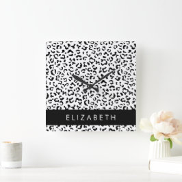 Leopard Print, Spots, Black and White, ditt namn Fyrkantig Klocka