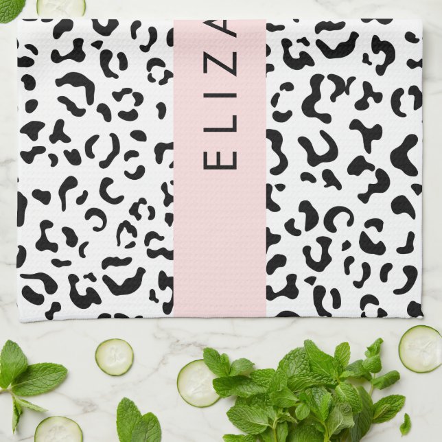 Leopard Print, Spots, Black and White, ditt namn Kökshandduk (Vikta)