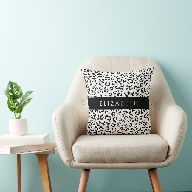 Leopard Print, Spots, Black and White, ditt namn Kudde (Stol)