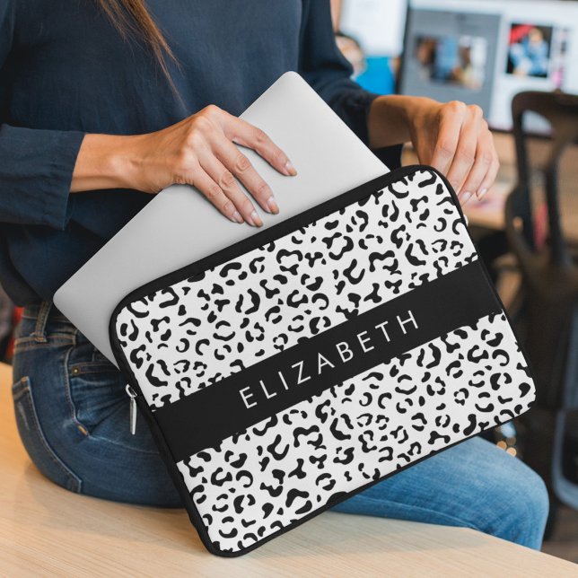 Leopard Print, Spots, Black and White, ditt namn Laptop Fodral (Skapare uppladdad)