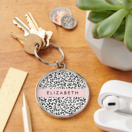 Leopard Print, Spots, Black and White, ditt namn Rund Silverfärgad Nyckelring