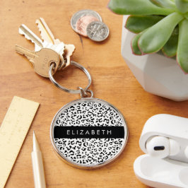 Leopard Print, Spots, Black and White, ditt namn Rund Silverfärgad Nyckelring