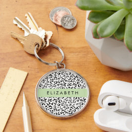 Leopard Print, Spots, Black and White, ditt namn Rund Silverfärgad Nyckelring