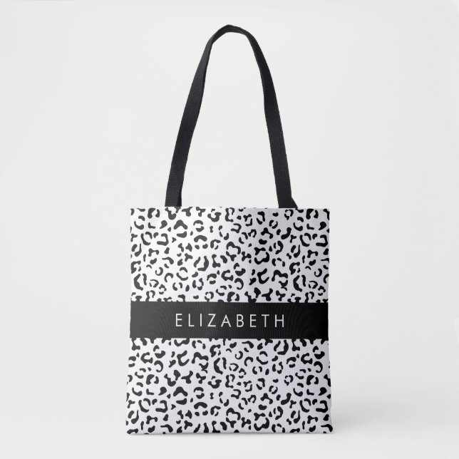 Leopard Print, Spots, Black and White, ditt namn Tygkasse (Framsida)