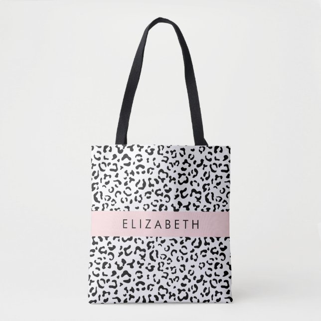 Leopard Print, Spots, Black and White, ditt namn Tygkasse (Framsida)