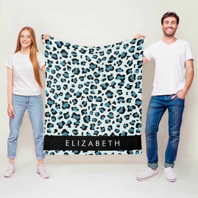 Leopard Print, Spots, Blue Leopard, ditt namn Fleecefilt (På plats)