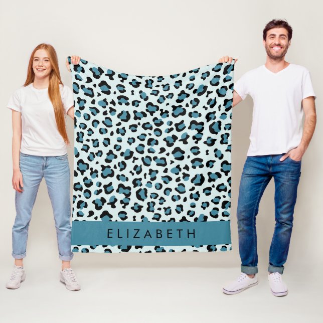 Leopard Print, Spots, Blue Leopard, ditt namn Fleecefilt (På plats)