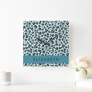 Leopard Print, Spots, Blue Leopard, ditt namn Fyrkantig Klocka