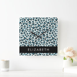 Leopard Print, Spots, Blue Leopard, ditt namn Fyrkantig Klocka