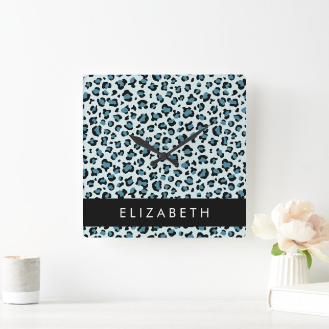 Leopard Print, Spots, Blue Leopard, ditt namn Fyrkantig Klocka (Hem)