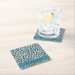 Leopard Print, Spots, Blue Leopard, ditt namn Underlägg Papper Kvadrat