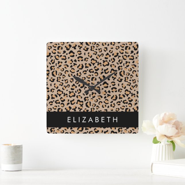 Leopard Print, Spots, Brown Leopard, ditt namn Fyrkantig Klocka (Hem)