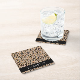 Leopard Print, Spots, Brown Leopard, ditt namn Underlägg Papper Kvadrat