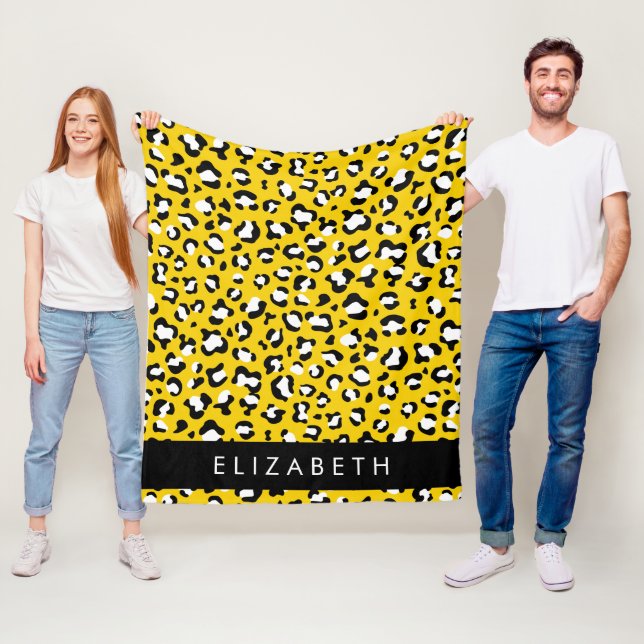 Leopard Print, Spots, Gult Leopard, ditt namn Fleecefilt (På plats)
