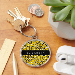 Leopard Print, Spots, Gult Leopard, ditt namn Rund Silverfärgad Nyckelring
