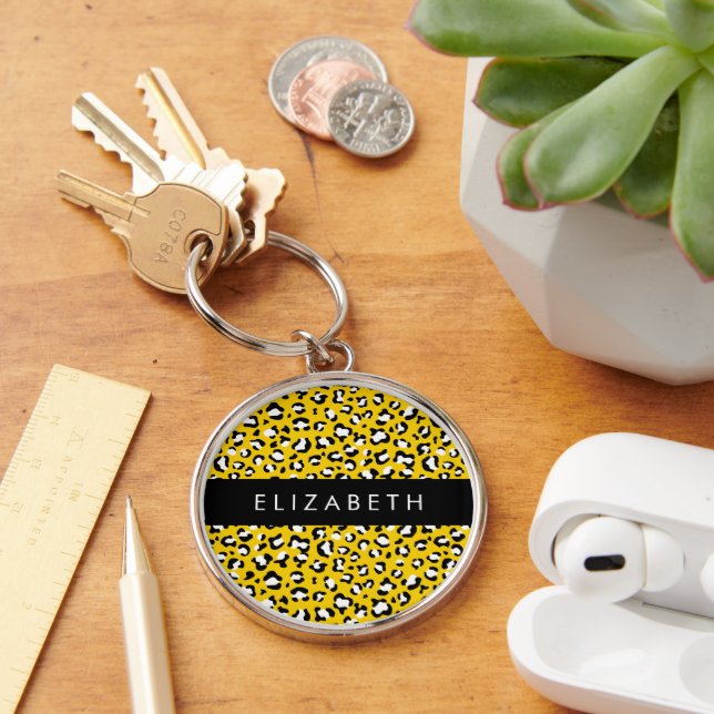 Leopard Print, Spots, Gult Leopard, ditt namn Rund Silverfärgad Nyckelring (Skrivbord)