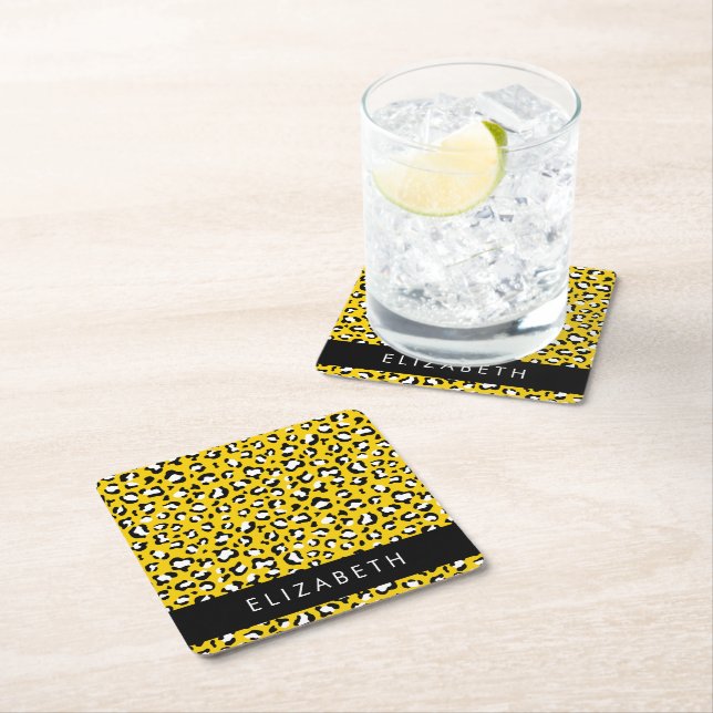 Leopard Print, Spots, Gult Leopard, ditt namn Underlägg Papper Kvadrat (Insitu)