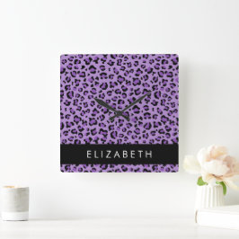 Leopard Print, Spots, Lila Leopard, ditt namn Fyrkantig Klocka