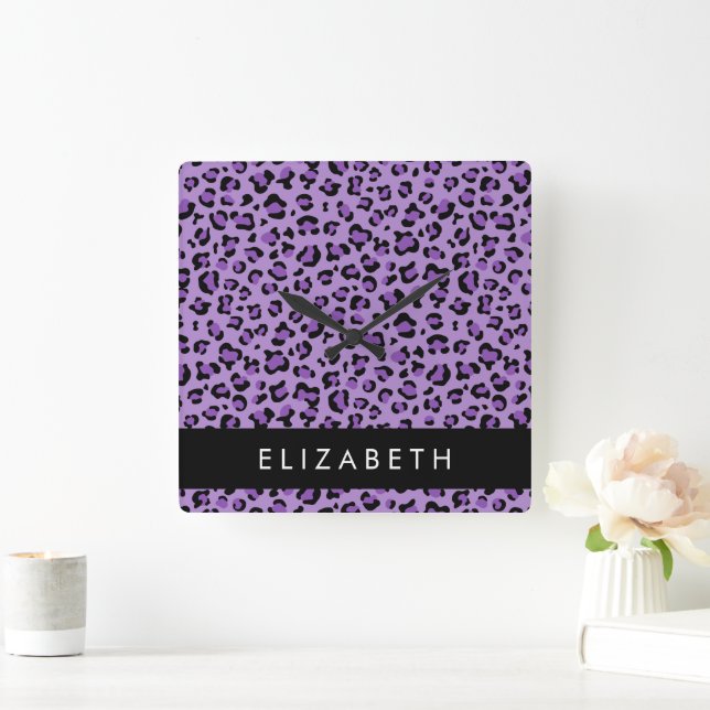 Leopard Print, Spots, Lila Leopard, ditt namn Fyrkantig Klocka (Hem)