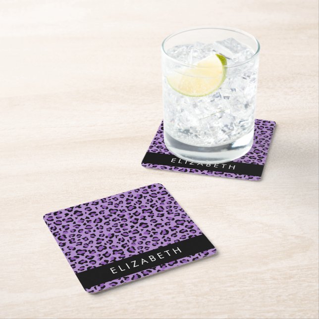 Leopard Print, Spots, Lila Leopard, ditt namn Underlägg Papper Kvadrat (Insitu)