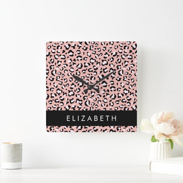 Leopard Print, Spots, Rosa Leopard, ditt namn Fyrkantig Klocka (Hem)
