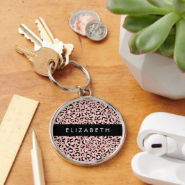 Leopard Print, Spots, Rosa Leopard, ditt namn Rund Silverfärgad Nyckelring