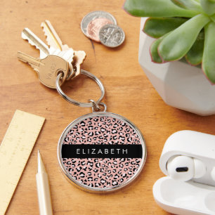Leopard Print, Spots, Rosa Leopard, ditt namn Rund Silverfärgad Nyckelring