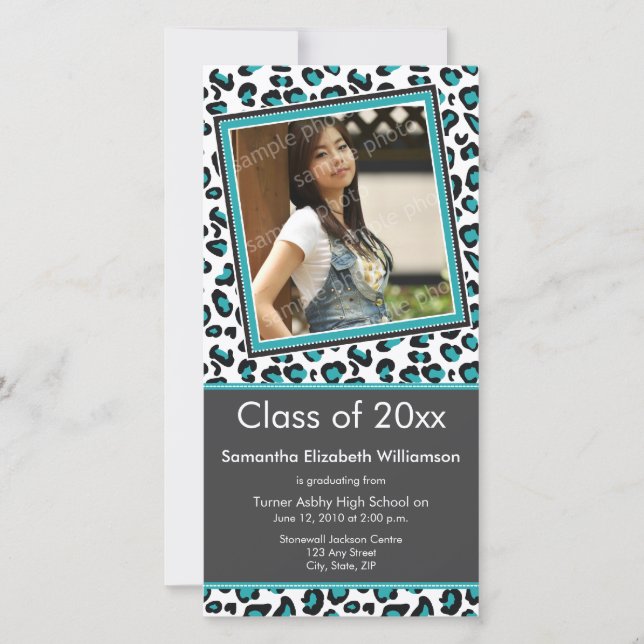 Leopard Print Studenten Photo Announcement (aqua) (Framsida)