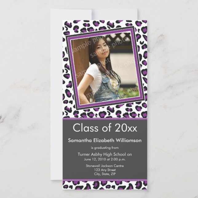 Leopard Print Studenten Photo Announcement lila (Framsida)