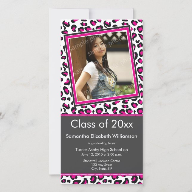Leopard Print Studenten Photo Announcement (rosa) (Framsida)
