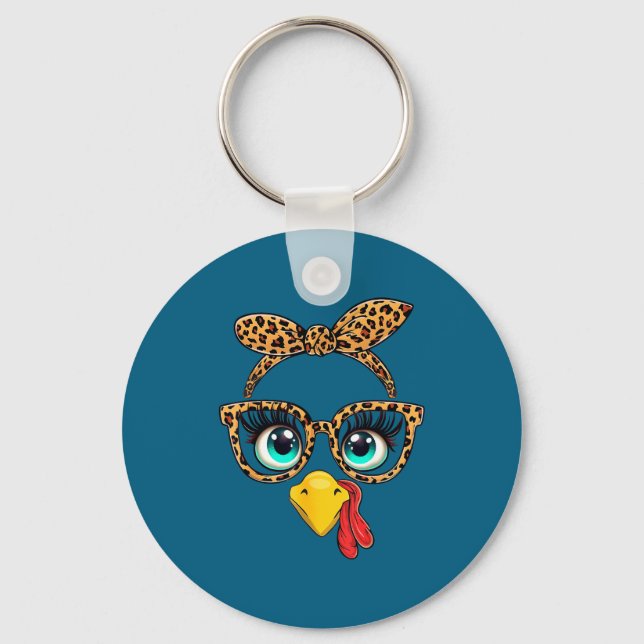 Leopard Print Thanksgiving Funny Turkey Face Gles  Nyckelring (Framsida)