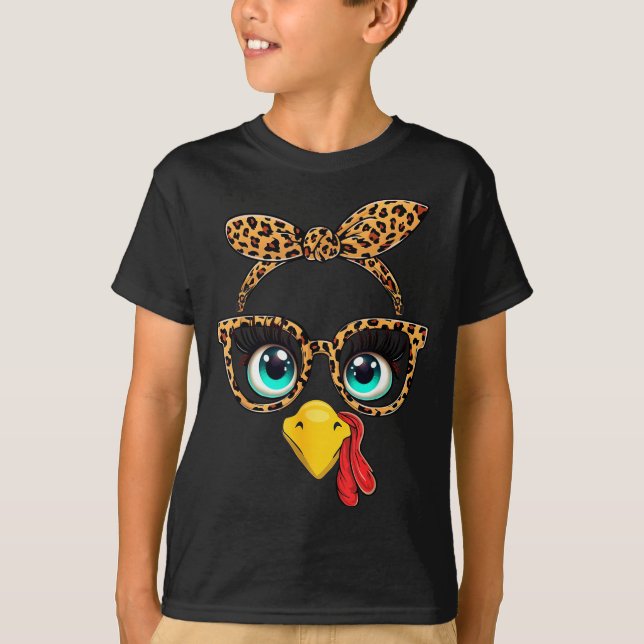 Leopard Print Thanksgiving Funny Turkey Face Gles  T Shirt (Framsida)