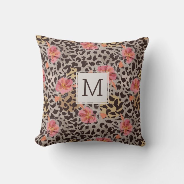 Leopard Print Tropical Flower, Monogram, Söt Kudde (Framsida)