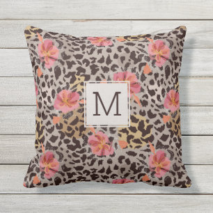 Leopard Print Tropical Flower, Monogram, Söt Kudde