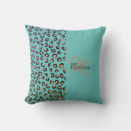 Leopard Print Two Tone Teal Turcoise Namn Monogra Kudde