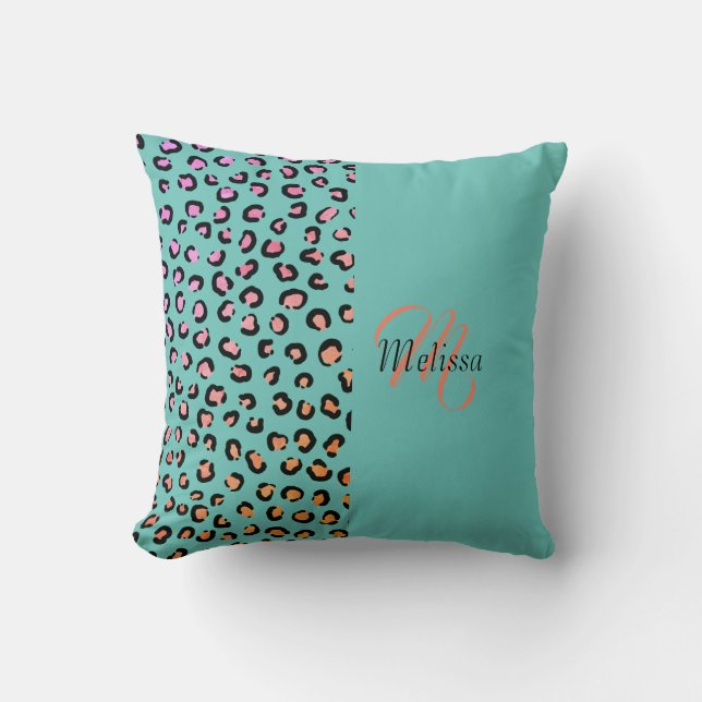 Leopard Print Two Tone Teal Turcoise Namn Monogra Kudde (Framsida)