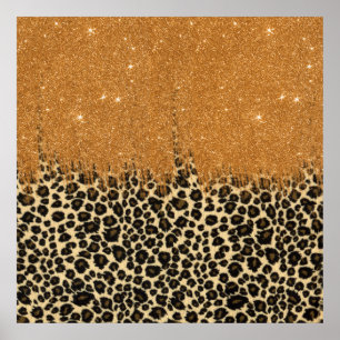 Leopard Print with Guld Faux Glitter Brush Stroke Poster