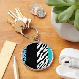 Leopard Print, Zebra tryck, Animal Print, Blue Rund Silverfärgad Nyckelring