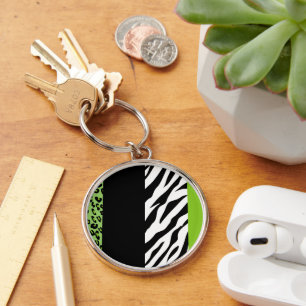 Leopard Print, Zebra tryck, Animal Print, Grönt Rund Silverfärgad Nyckelring