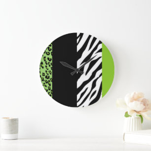 Leopard Print, Zebra tryck, Animal Print, Grönt Stor Klocka